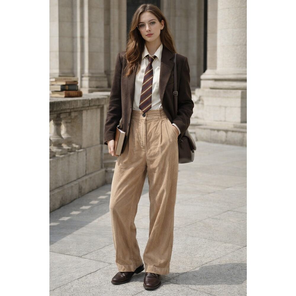 Women's High Rise Pleated Corduroy Trouser Pants Straight Leg Tan Sz 10 Academia